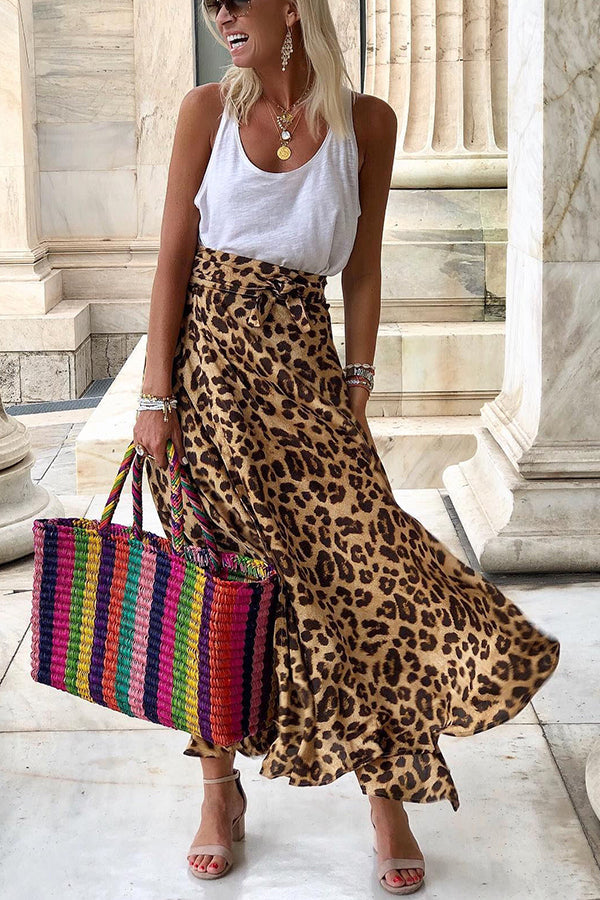 Today’s Journey Satin Leopard Tie Front Elastic Waist Midi Skirt
