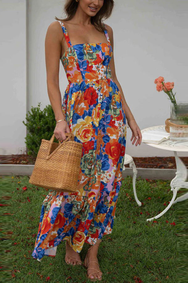 Style Lover Square Neck Adjustable Straps Floral Maxi Dress