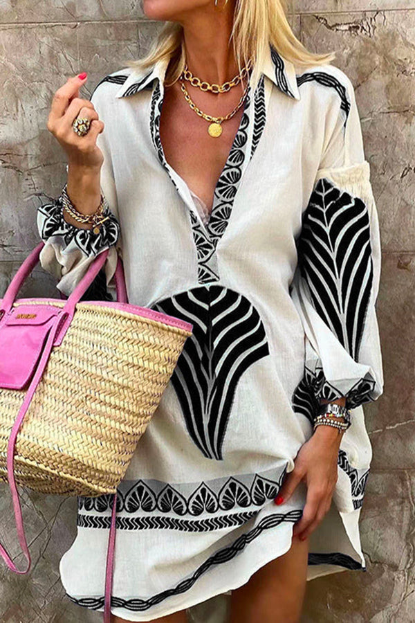 Lapel V Neck Long Sleeve Printed Shirt Dress