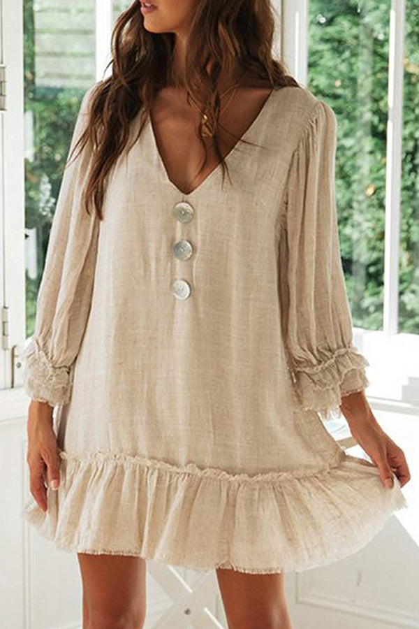 Loose Long Sleeve Ruffle Hem Cotton Linen Dress