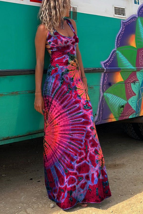 La Bamba Tie-dye Print Back Lace-up Stretch Maxi Dress(With built-in bra)