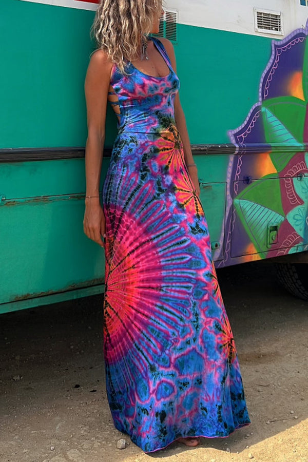 La Bamba Tie-dye Print Back Lace-up Stretch Maxi Dress(With built-in bra)