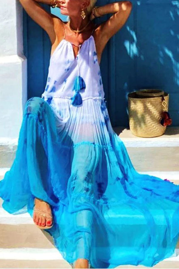 Island Evenings Gradient Print Tassel Halter Maxi Dress