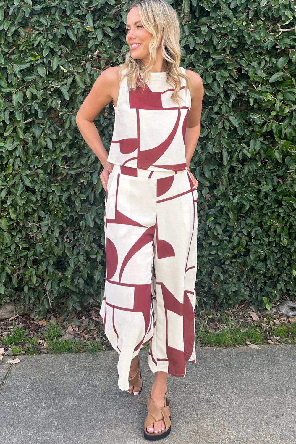 White Abstract Print Button Back Vest and Wide Leg Pants Set