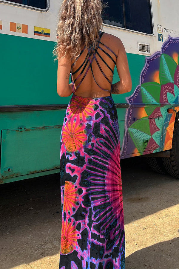 La Bamba Tie-dye Print Back Lace-up Stretch Maxi Dress(With built-in bra)