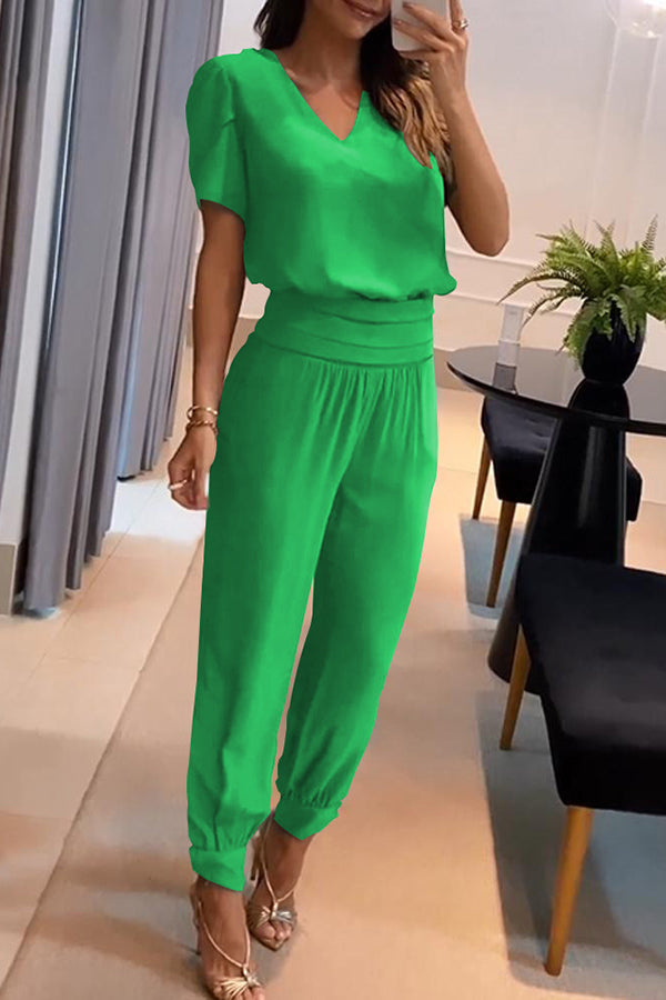 Jemma Puff Sleeve Top and High Waist Pocketed Cuffed Pants Set