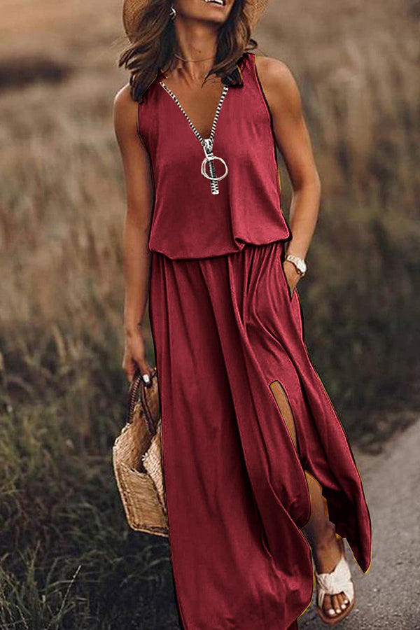 Sleeveless long dress casual women's waist zipper letter dress