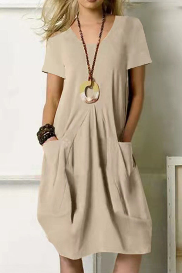 Cotton Linen Solid Color Loose Round Neck Short Sleeve Tank Dress