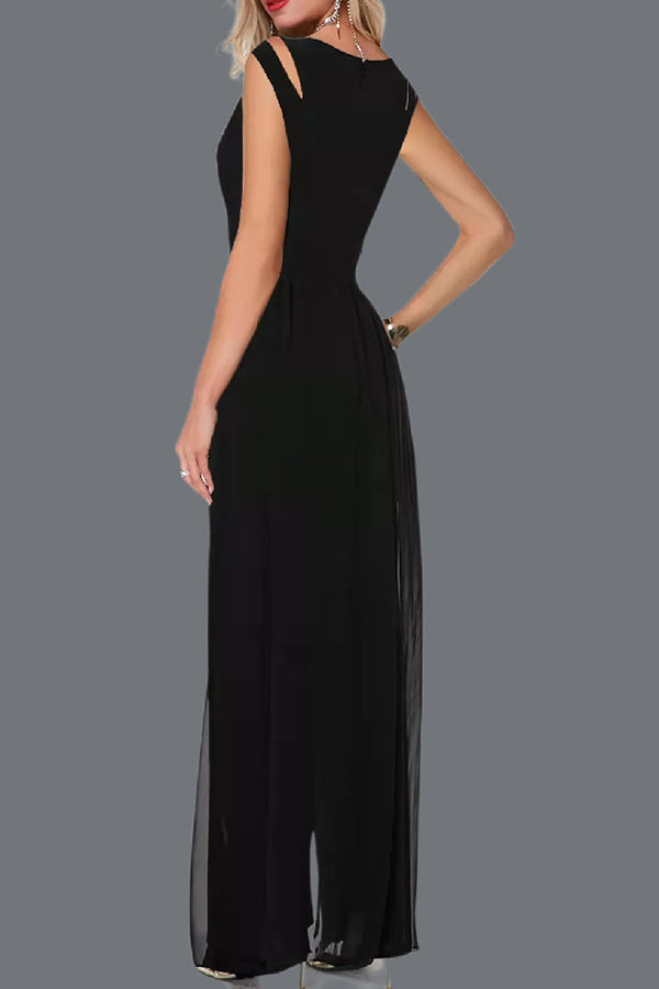 Round neck sleeveless hollow solid color jumpsuit