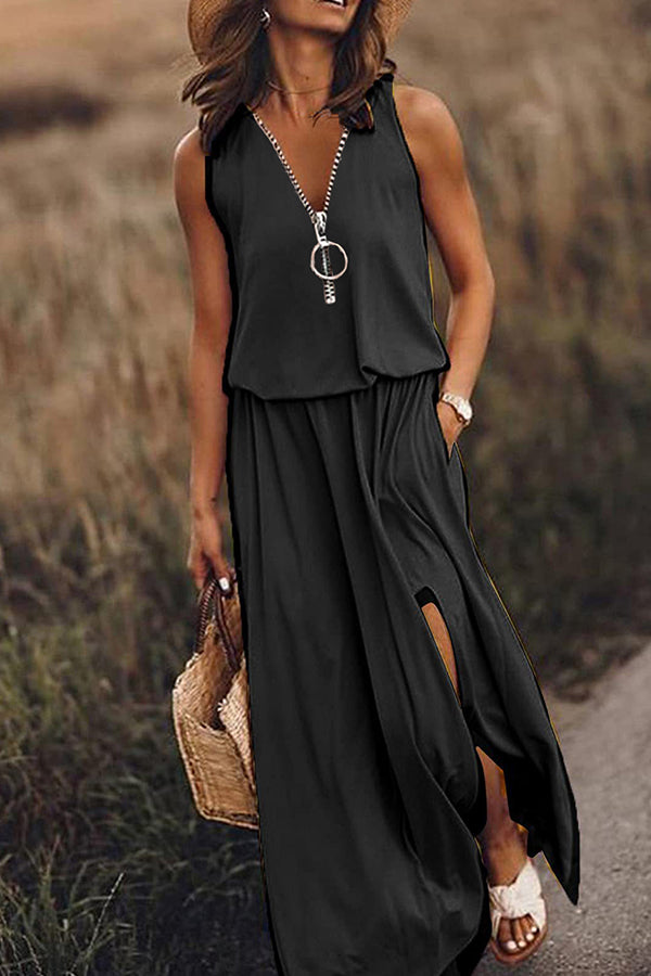 Sleeveless long dress casual women's waist zipper letter dress