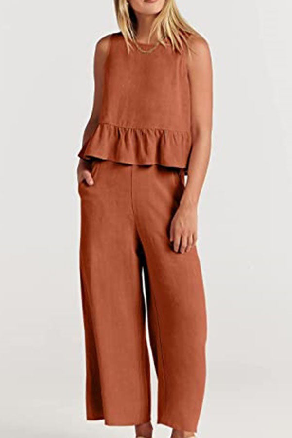 Sleeveless pleated vest wide-leg cropped pants casual suit