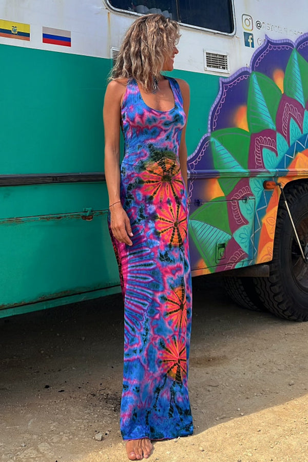 La Bamba Tie-dye Print Back Lace-up Stretch Maxi Dress(With built-in bra)