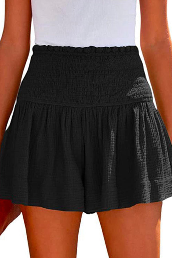 Elastic Smocked Waist Wide Leg Solid Shorts