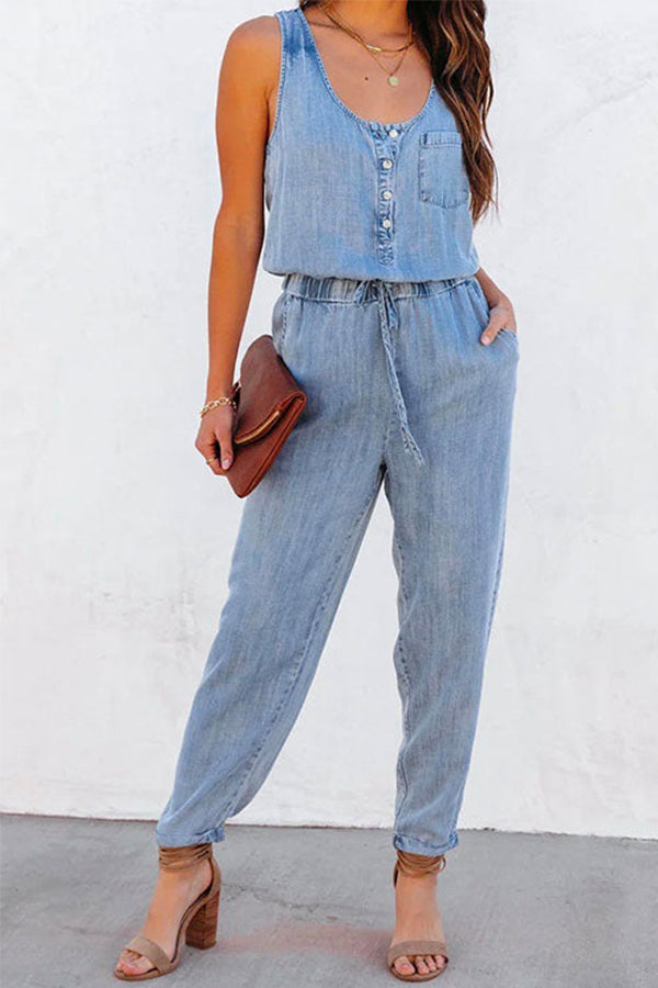 Drawstring Waist Distressed Denim Tank Jumpsuit