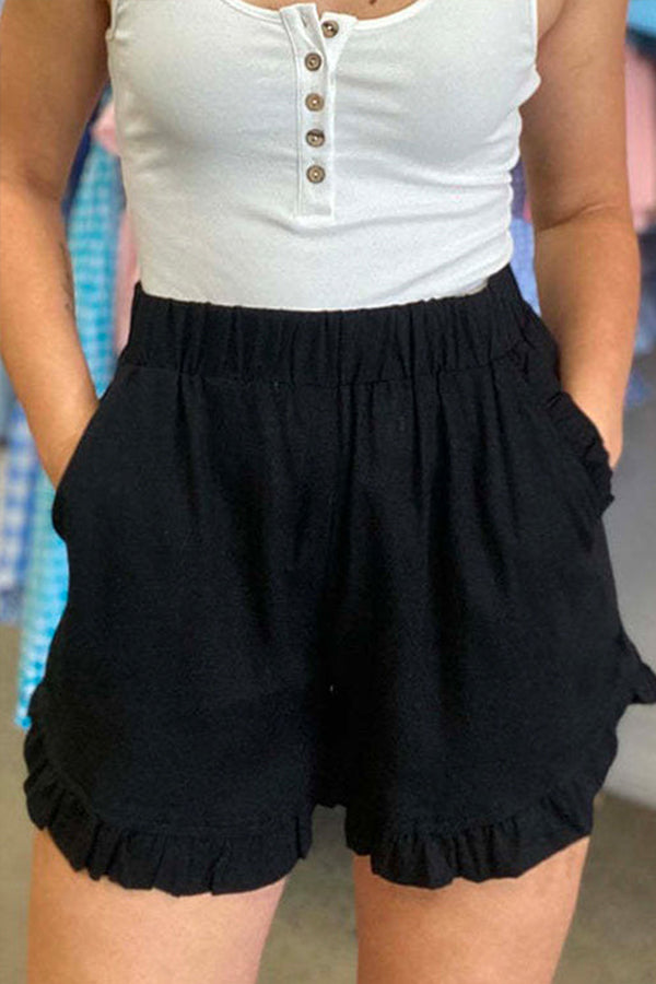 Elastic Waist Wide Leg Ruffle Cotton Linen Shorts