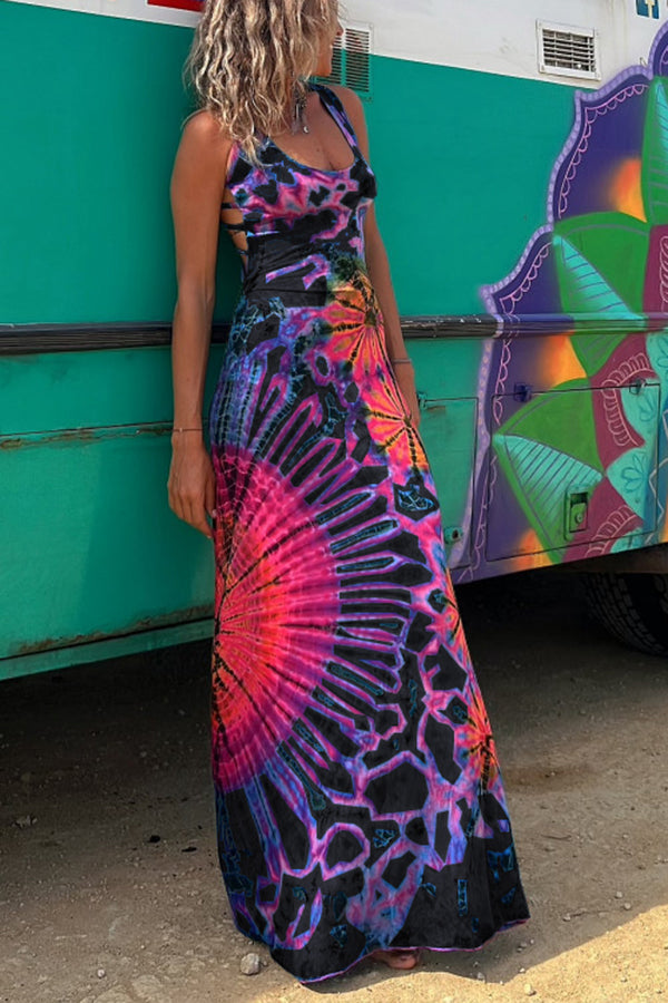 La Bamba Tie-dye Print Back Lace-up Stretch Maxi Dress(With built-in bra)