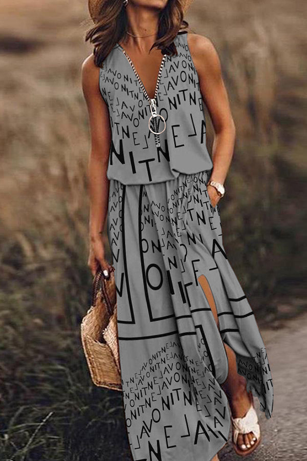 Sleeveless long dress casual women's waist zipper letter dress
