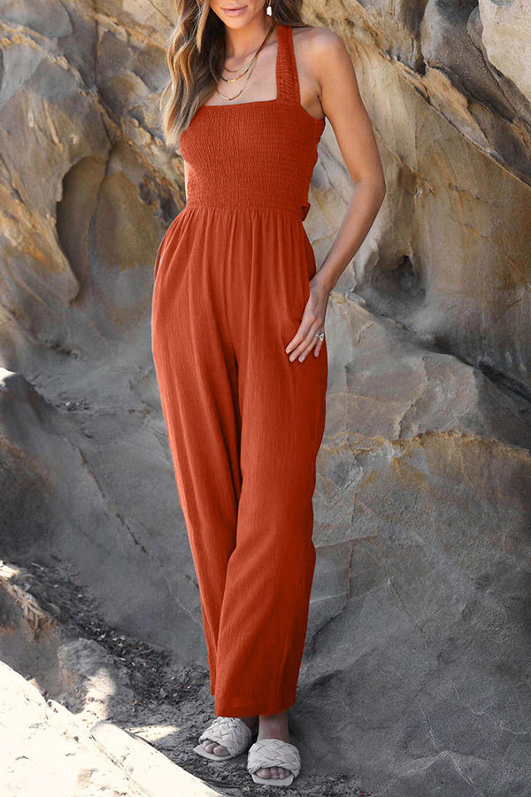 Fashion casual collarless straight wide leg open back cross strap jumpsuit