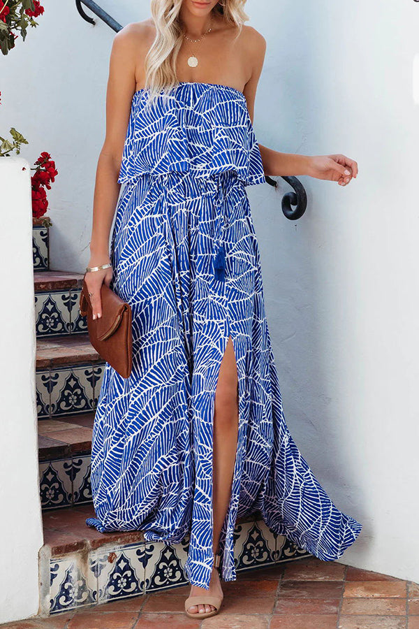 Summer Picnic Printed Elastic Waist Strapless Tie Maxi Dress