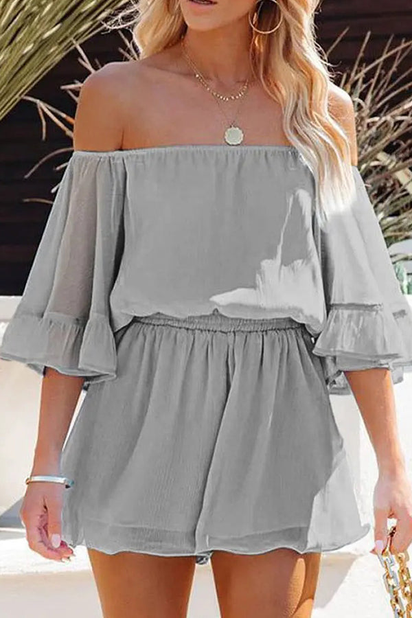 Paneled short-sleeved loose-fit solid chiffon jumpsuit