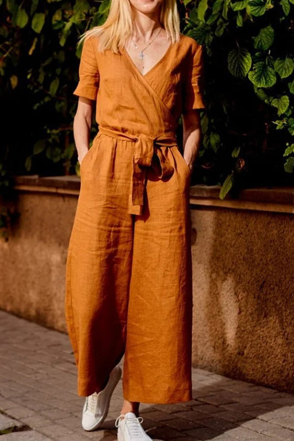 SHORT SLEEVE SOLID COLOR LACE-UP V NECK SOFT ROMPER JUMPSUIT