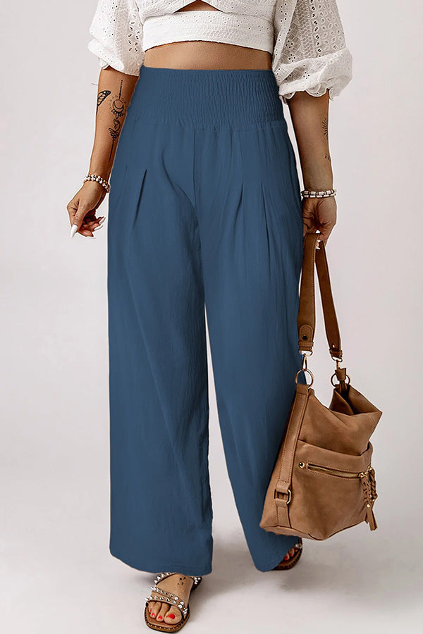 Smocked Wide Waistband High Waist Wide Leg Pants