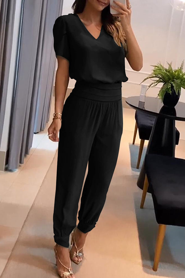 Jemma Puff Sleeve Top and High Waist Pocketed Cuffed Pants Set