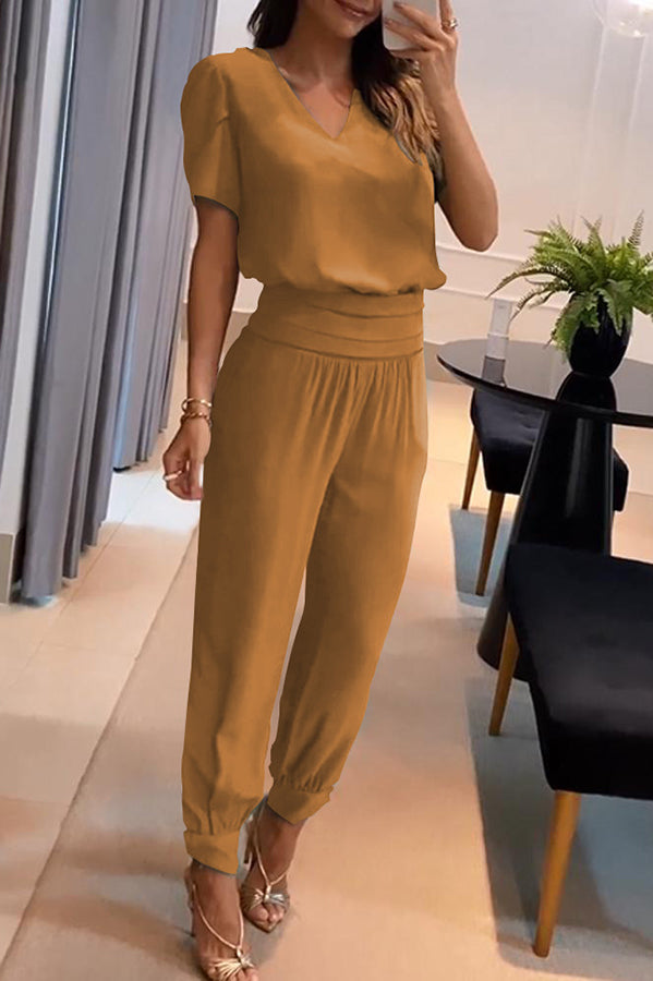 Jemma Puff Sleeve Top and High Waist Pocketed Cuffed Pants Set