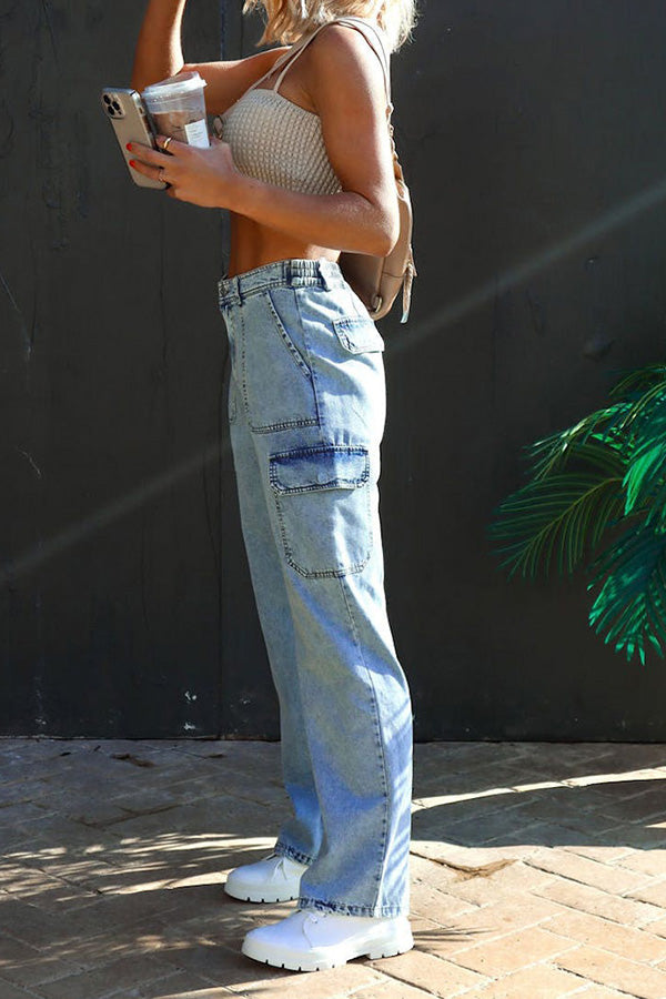 Washed denim multi-pocket non-stretch overalls