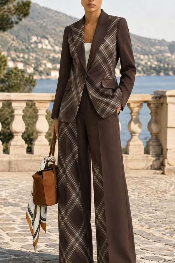 Color‑Block Print Blazer & Wide‑Leg Pants Two‑Piece Suit