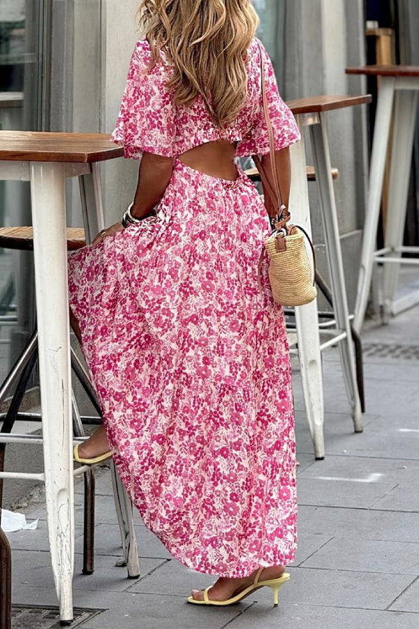 Red floral V-neck leisure holiday dress