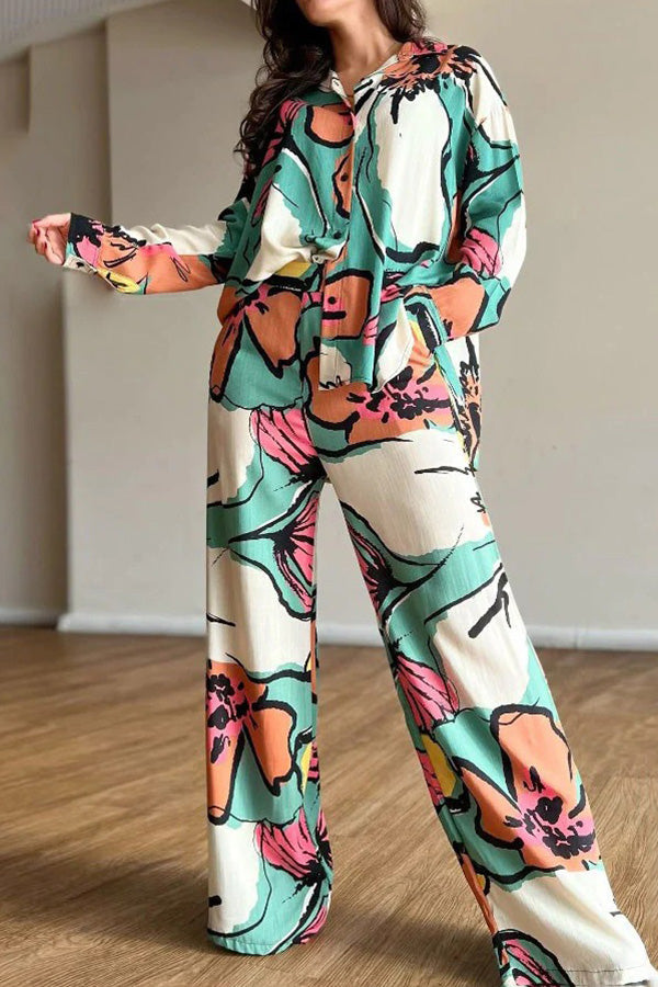 Printed Commuter Shirt High Waist Wide Leg Pants Set