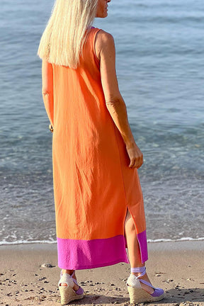 Pink Orange Contrasting Color Sleeveless Comfort Dress