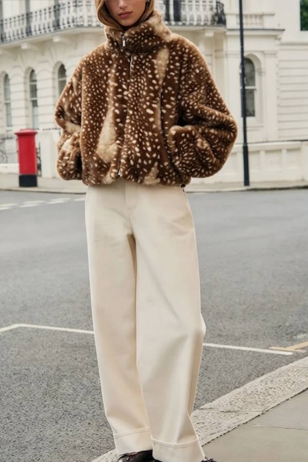 Bambi Print Faux Fur Funnel Neck Zip Long Sleeve Drawstring Hem Jacket