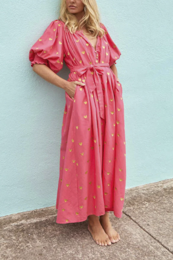 Summer Loose Printed Cardigan Short-sleeved Long Dress