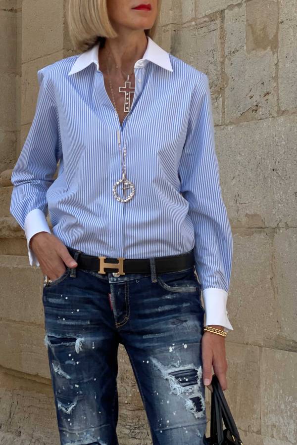 Blue White Striped Contrast Collar Long Sleeve Shirt