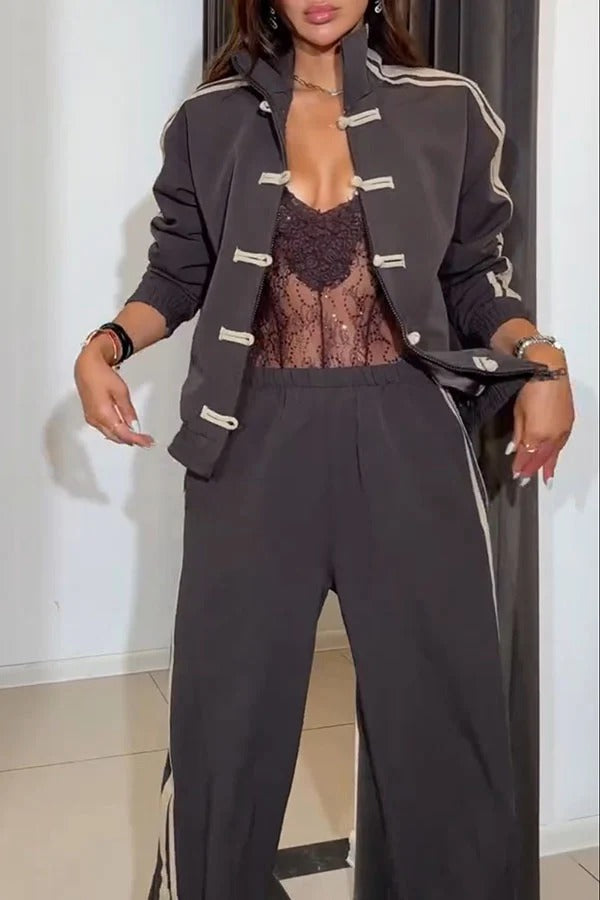 Fashionable Sporty Stripes Long Sleeve Knotted Button Jacket and Elastic Waist Pocket Pants Set