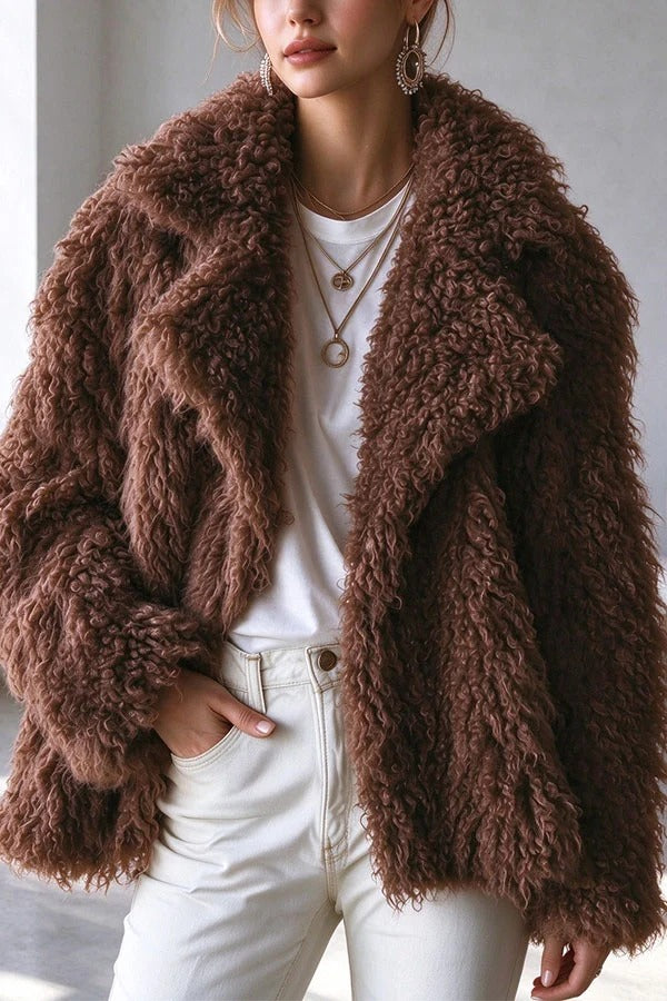 Warm Winter Teddy-style Curly Plush Long Sleeve Lapel Coat