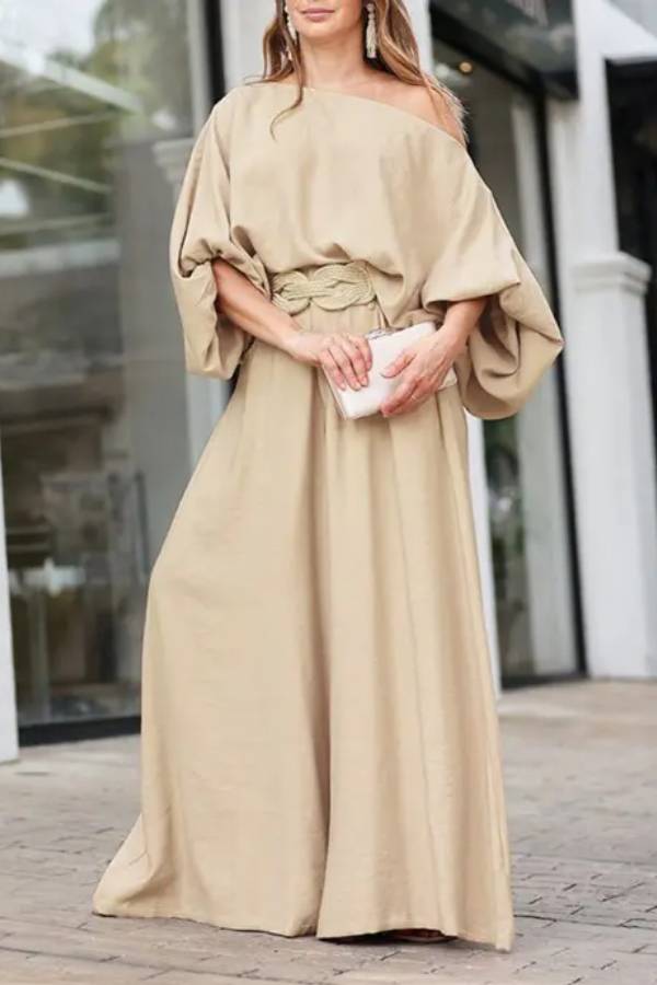 Skew Neck Lantern Sleeve Top & Wide Leg Pants Set