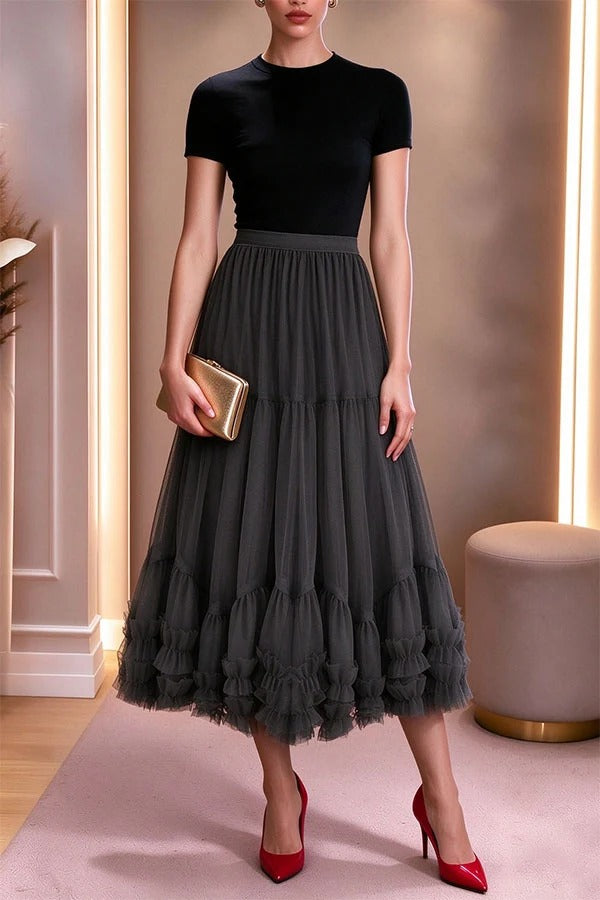Sweet Style Mesh Elastic Waistband Lettuce-edge Detail Puffy Midi Skirt