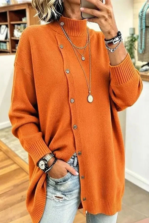 Warm Season Knit Turtleneck Button-down Long Sleeve Loose Sweater
