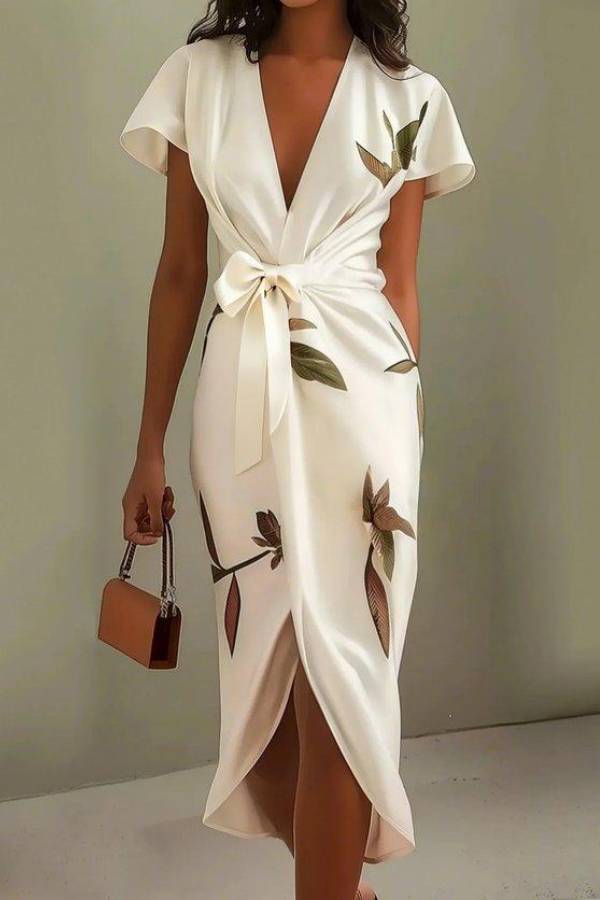 White Leaf Short Sleeve Satin Wrap Sheath Midi Dress