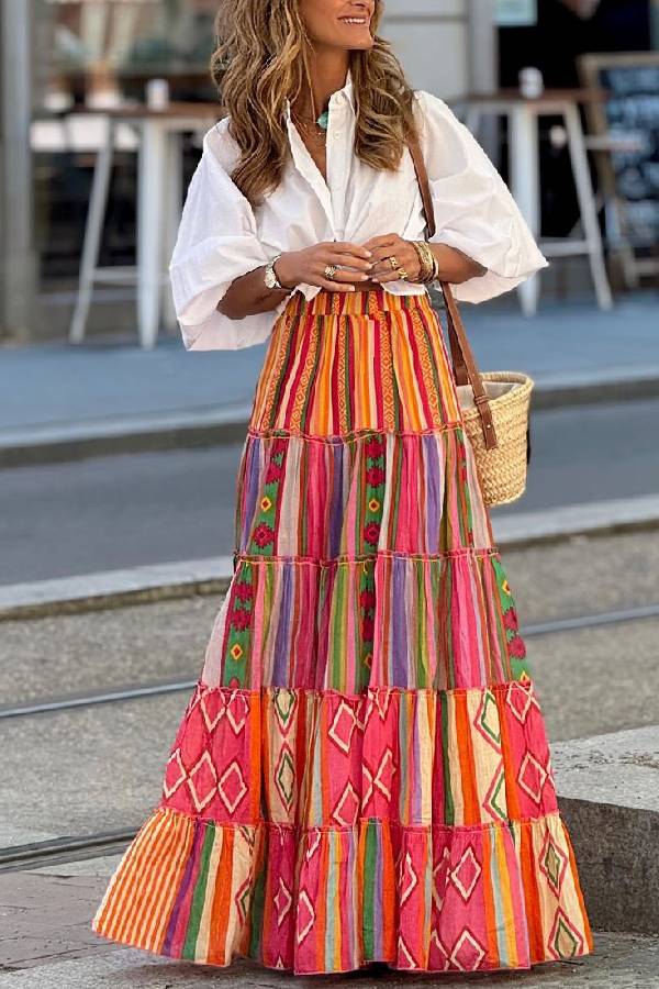 Color Block Ethnic Style Retro Long Skirt