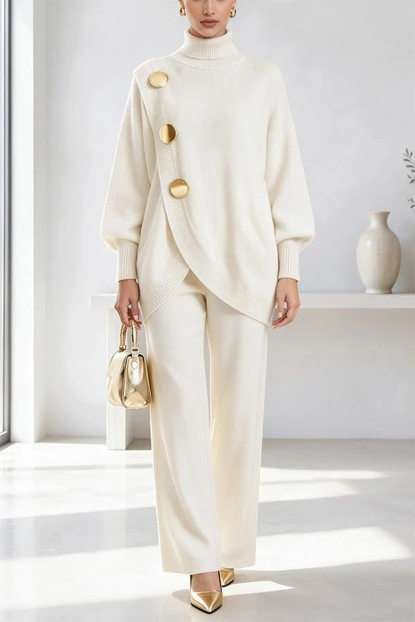 Elegant Knit High Neck Asymmetric Button Top and Wide Leg Stretchy Pants Set