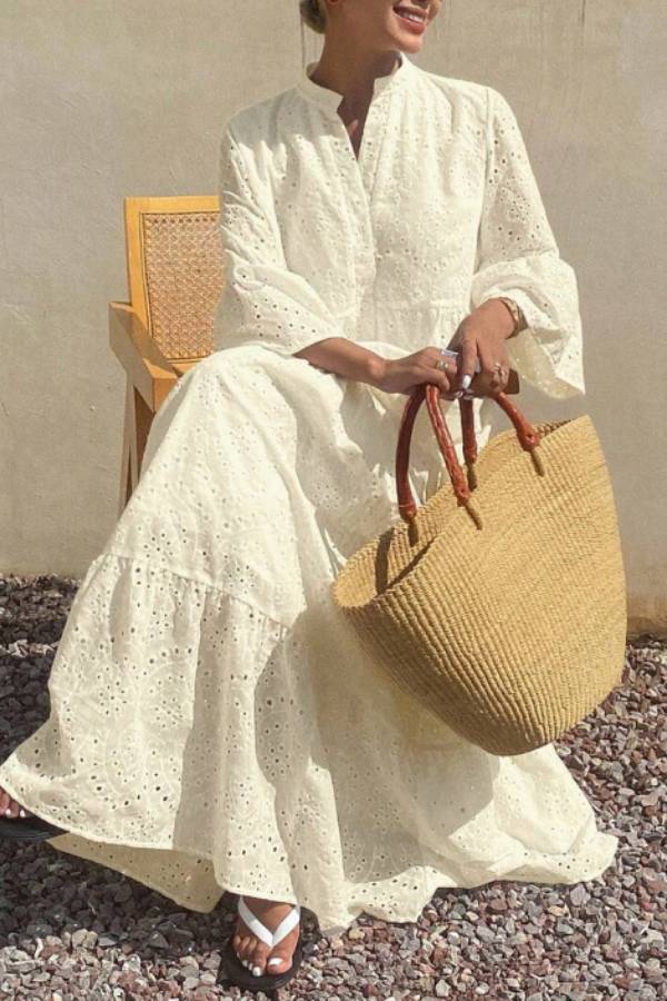 Stand‑Collar Eyelet Embroidery Ruffle Sleeve Tiered Maxi Dress