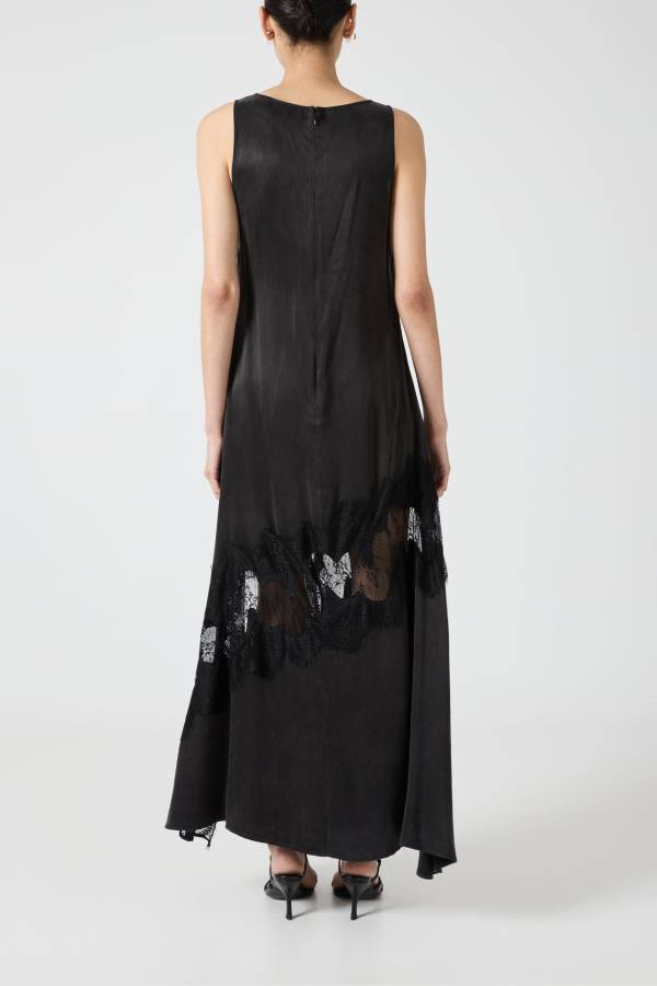 Pretty Soul Satin Lace Trim Wide Neck Irregular Hem Slit Maxi Dress