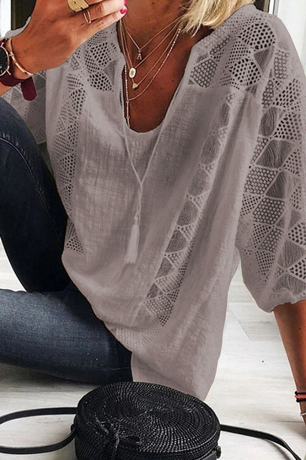 Cotton Linen Blend Patchwork Hollow Out Tassel Blouse