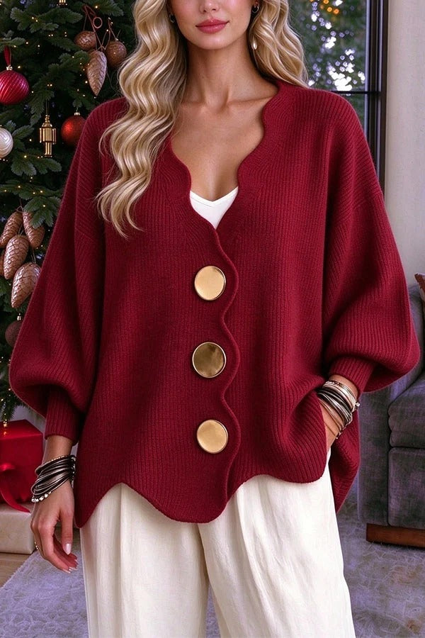 Serene Knit Wavy Edge V-neck Metal Button Long Balloon Sleeve Sweater