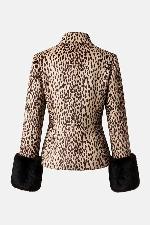 Retro Street Style Faux Fur Animal Print Stand Collar Button Furry Cuffs Jacket
