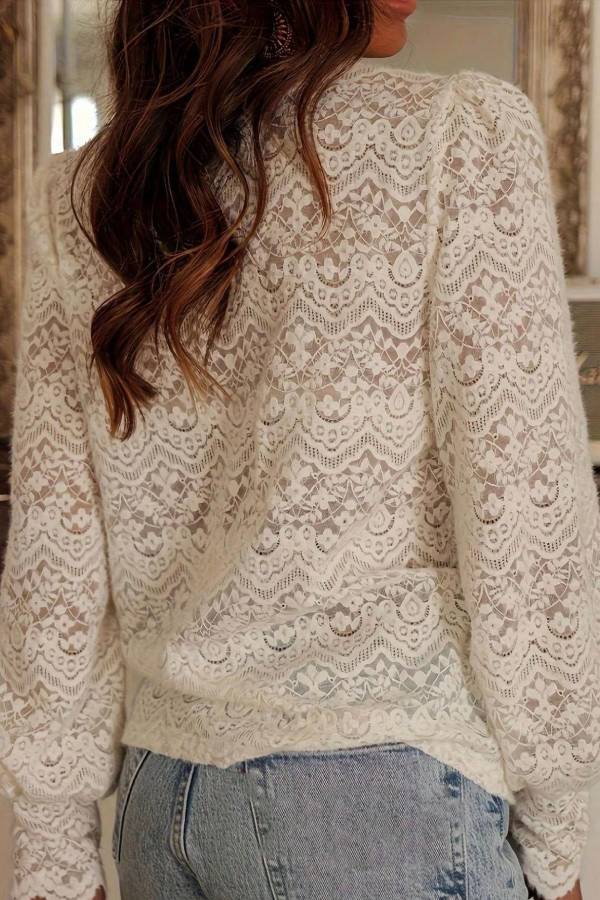V-Neck Scalloped Lace Long Sleeve Top